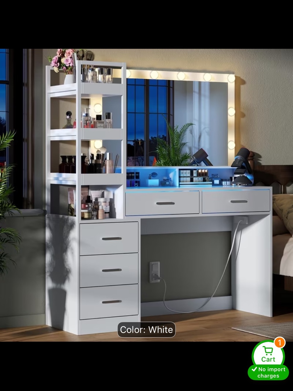 White Makeup Vanity Table with LED Mirror and Storage Shelves